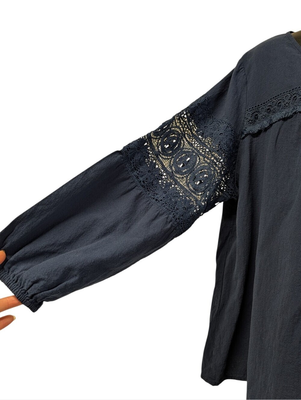 BloomChic Crochet Lace Sleeve Blouse Plus Size 18 20 Navy Boho Cotton Top - Picture 6 of 10